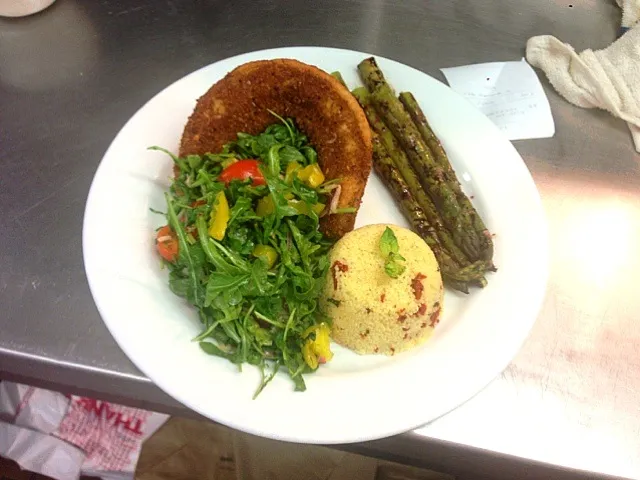 Curled white fish. Arugula salad. Sundried tomato basil cous cous|Andrew Tobinさん