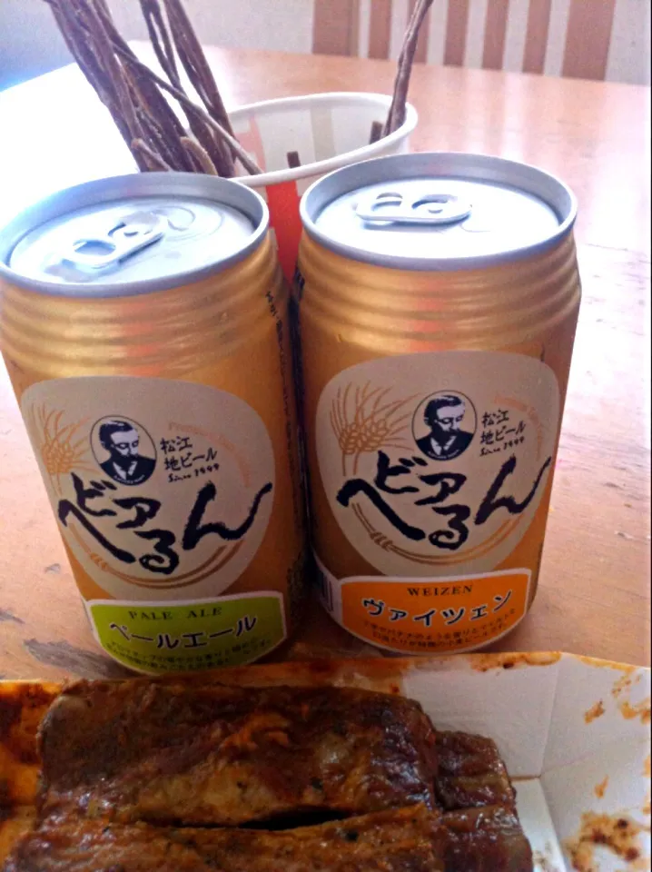 Snapdishの料理写真:近江地ビール ビアへるん（ペールエール、ヴァイツェン）、蕎麦プリッツ、スペアリブ@けやきひろばビールまつり|Kazuya Miyukiさん