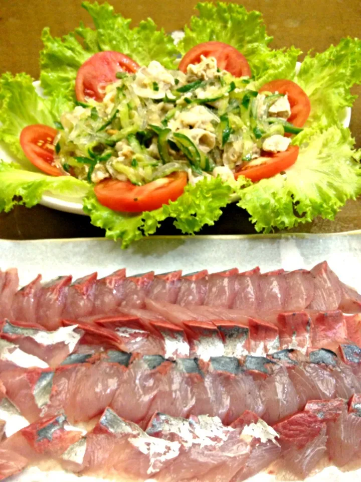 春雨と豚肉の胡麻味噌和え、ふくらぎの刺身|makunさん