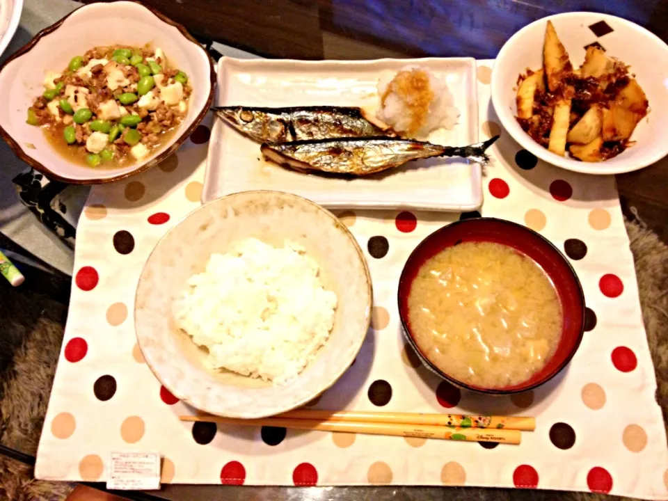 さんま、豆腐と枝豆のそぼろあん、タケノコの土佐煮|なおさん