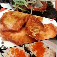 Snapdishの料理写真:Assorted of sushi (soft shell crab temaki, deep fried salmon, kani tobiko)