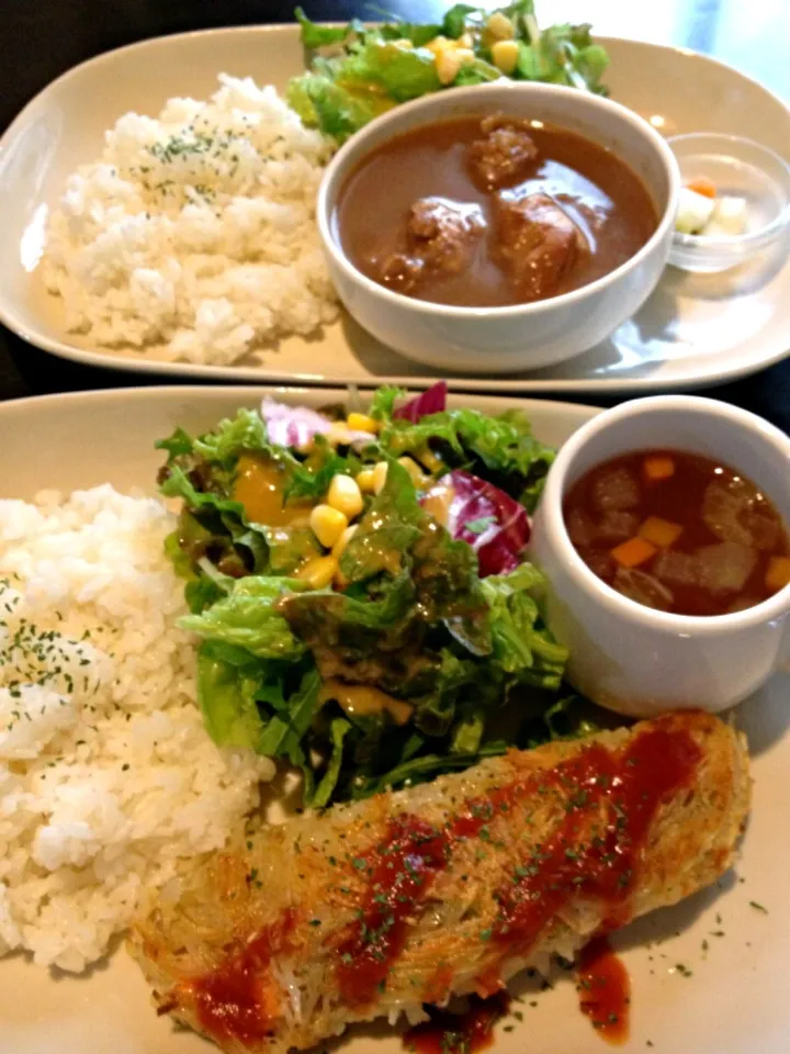 鮭のじゃがいも包み焼き スパイシーチキンカレー|なべすけさん