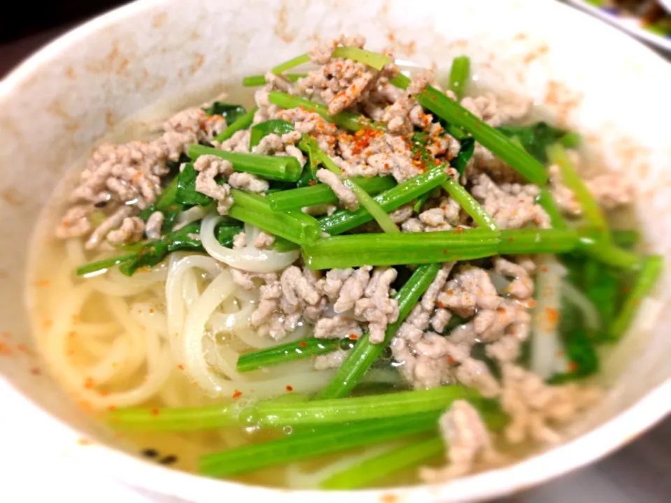 ひき肉とほうれん草のうどん|みきてさん