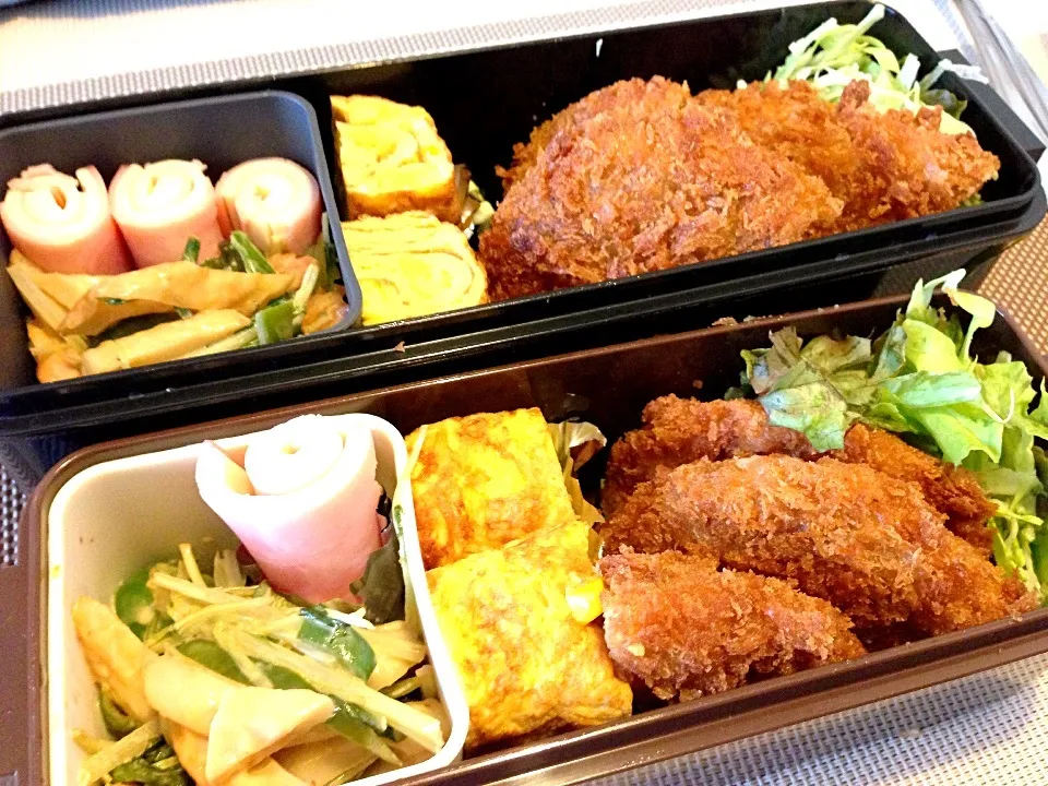 Snapdishの料理写真:お弁当♡メンチカツ、コーン入り卵焼き、竹輪と水菜のマヨ炒め、ハムチーズ巻き|ウサコさん