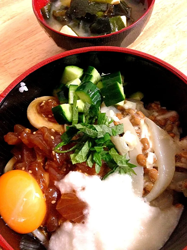 まぐろユッケ、イカ納豆丼|みかさん