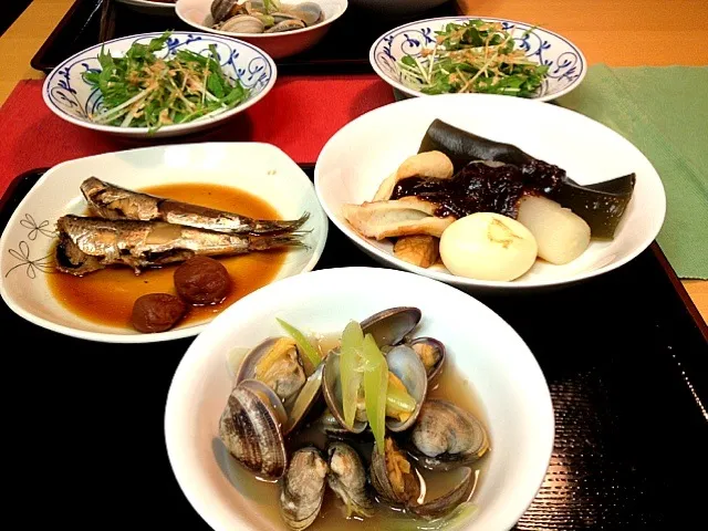 水菜サラダ&味噌田楽&鰯の煮付け&アサリの酒蒸し|田中 喜子さん