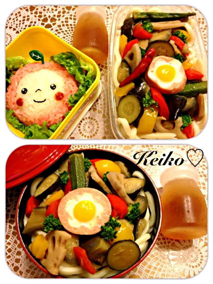 今日はりんご姫🍎と夏野菜の揚げ浸しうどんのパパ弁当と娘のお弁当🎵|佳子さん