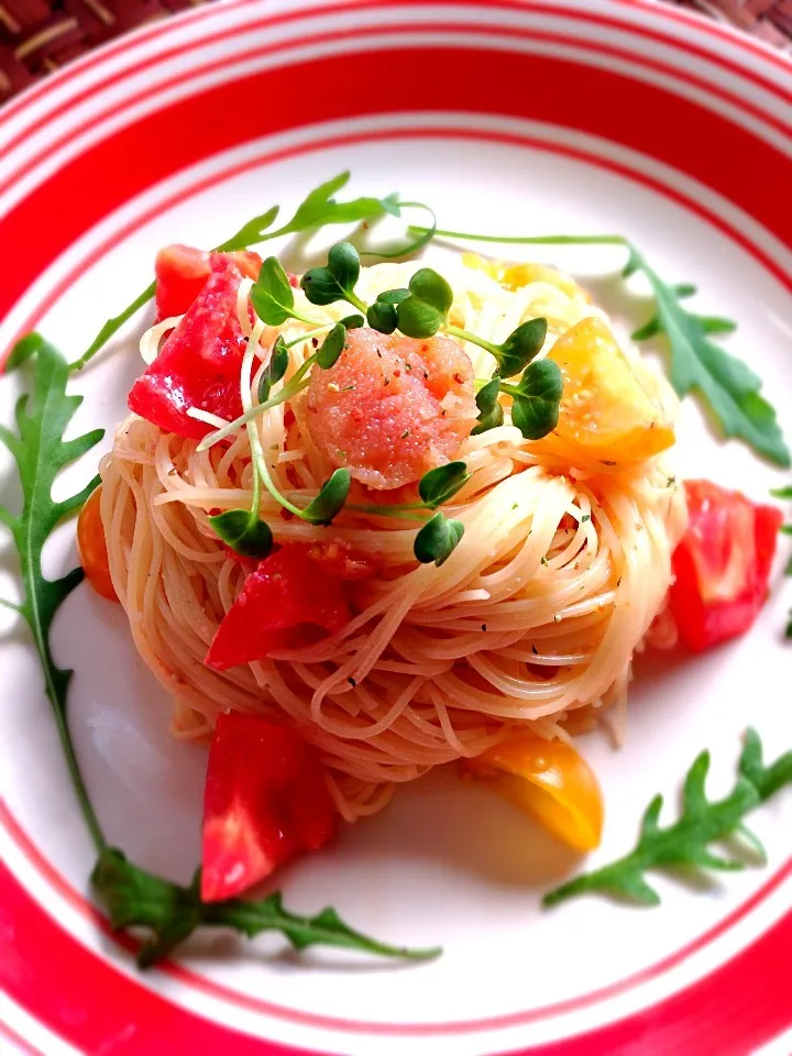 Pasta to be beautiful of cod roe&tomato🍅ﾄﾏﾄとたらこの美人ﾊﾟｽﾀ|🌈Ami🍻さん