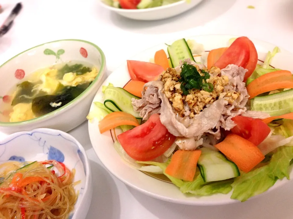 麻婆冷しゃぶ、わかめスープ、春雨サラダ|まりさん