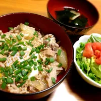 Snapdishの料理写真:スタミナ丼、サラダ、ワカメスープ|カナエさん