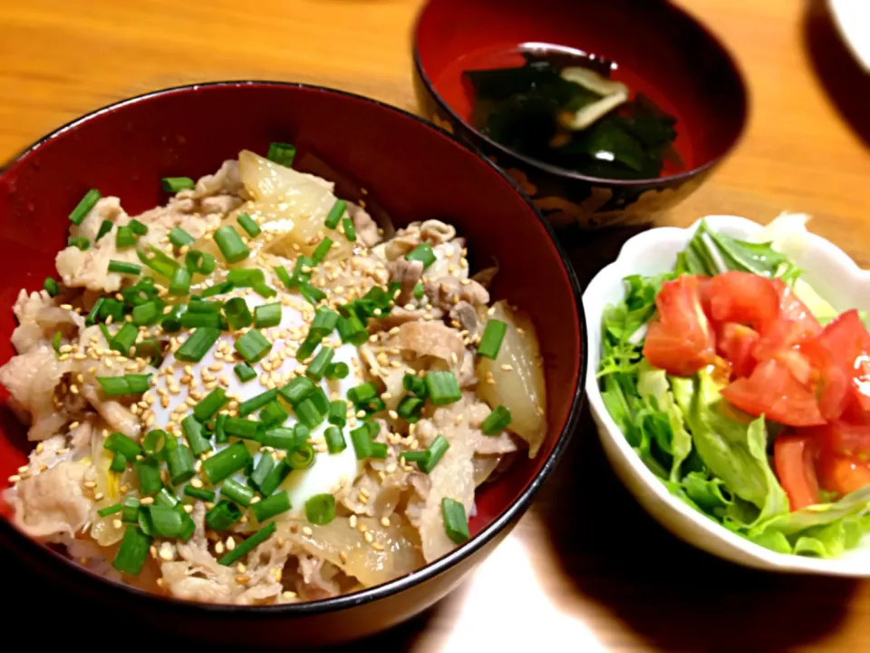 スタミナ丼、サラダ、ワカメスープ|カナエさん