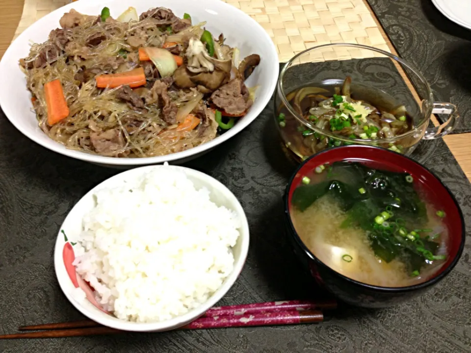 牛肉春雨炒め、茄子そうめん、お味噌汁。|Angie44さん