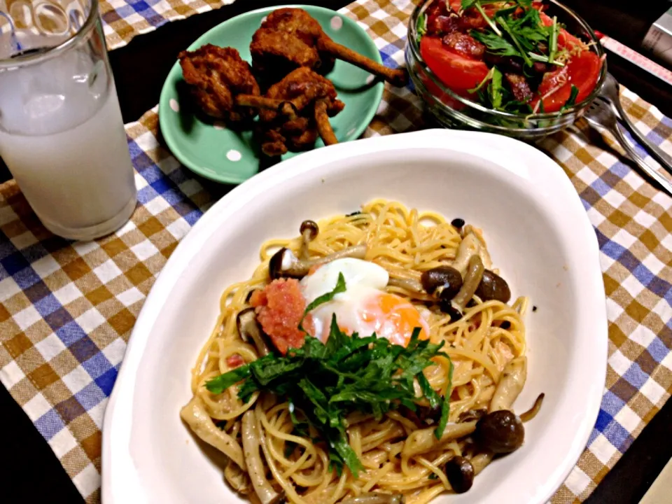 たらこスパ.カレー風味から揚げ.水菜サラダ|恭子さん