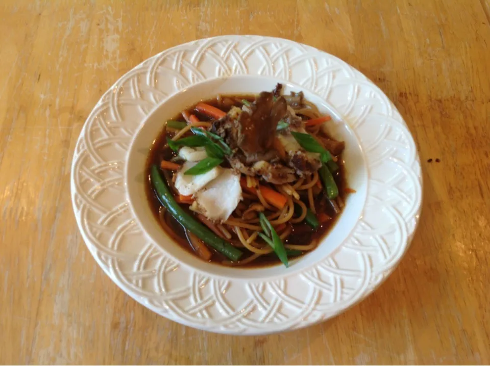 Noodles vegetables and mushroom crusted cod in a mushroom broth|Travis A Darlingさん