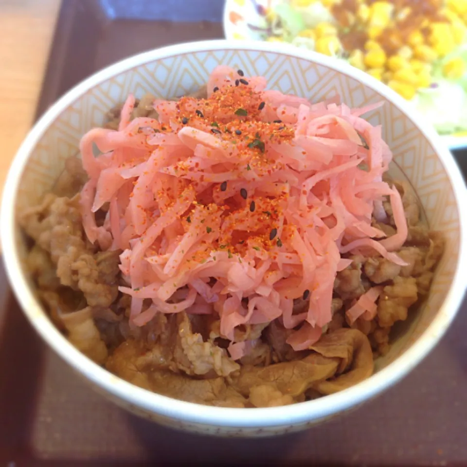 Snapdishの料理写真:すき家牛丼並み、紅生姜載せ。|Yas Nakさん