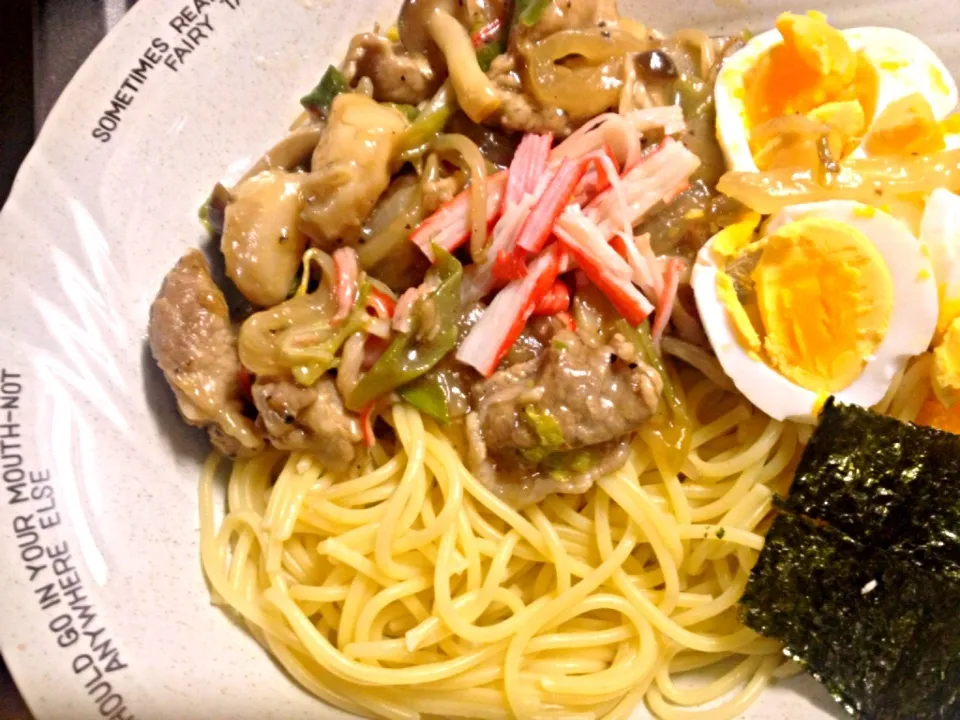 ホタテとカニカマ・肉野菜のあんかけパスタ|shenhuaさん