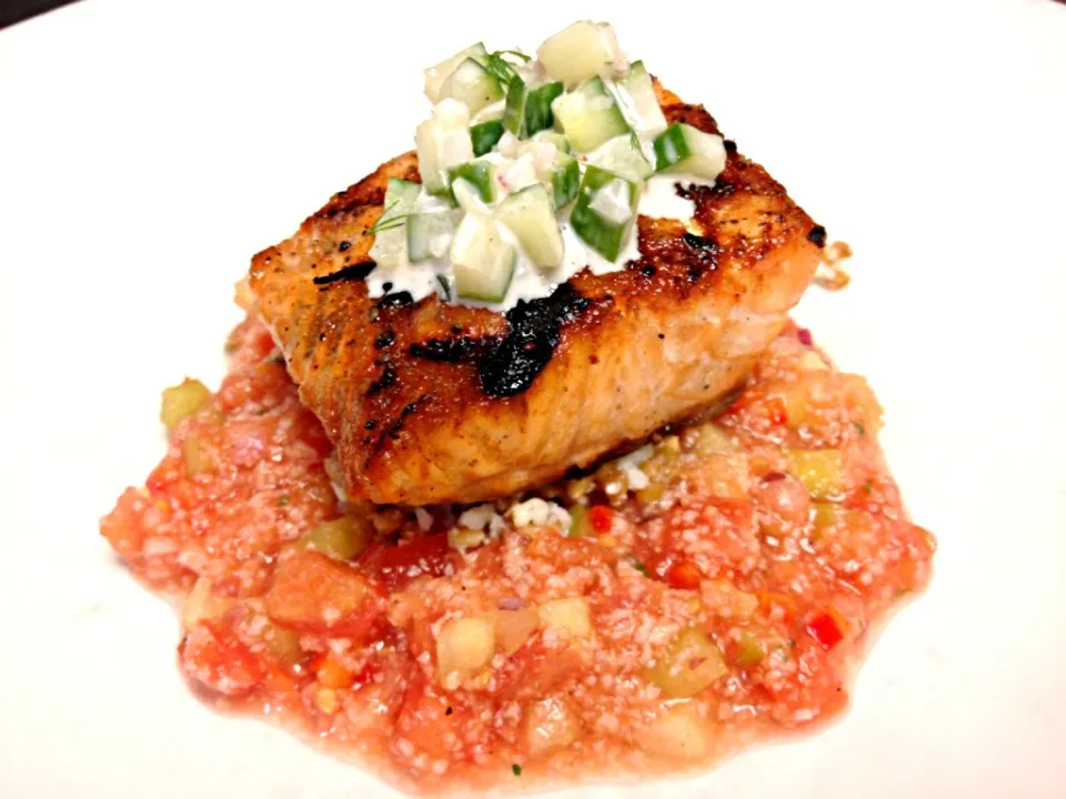 Grilled salmon, gazpacho and cucumber relish|Sam Stachonさん