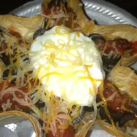 Snapdishの料理写真:Taco Salad with Ground Turkey Meat, Shredded Lettuce. Sliced Black Olives, Sour Cream, Salsa, and Shredded Cheese|RJさん