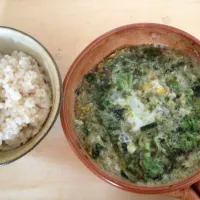 海の七草汁と日田産干し野菜に溶き卵の味噌汁＋玄米飯|かだらにたさん