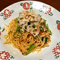 水菜とレンコンチップのトマトパスタ|ながのかおりさん