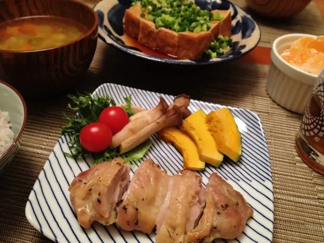 グリルチキン 焼き野菜  焼き厚揚げ  具沢山野菜スープ  不知火|ikukoさん