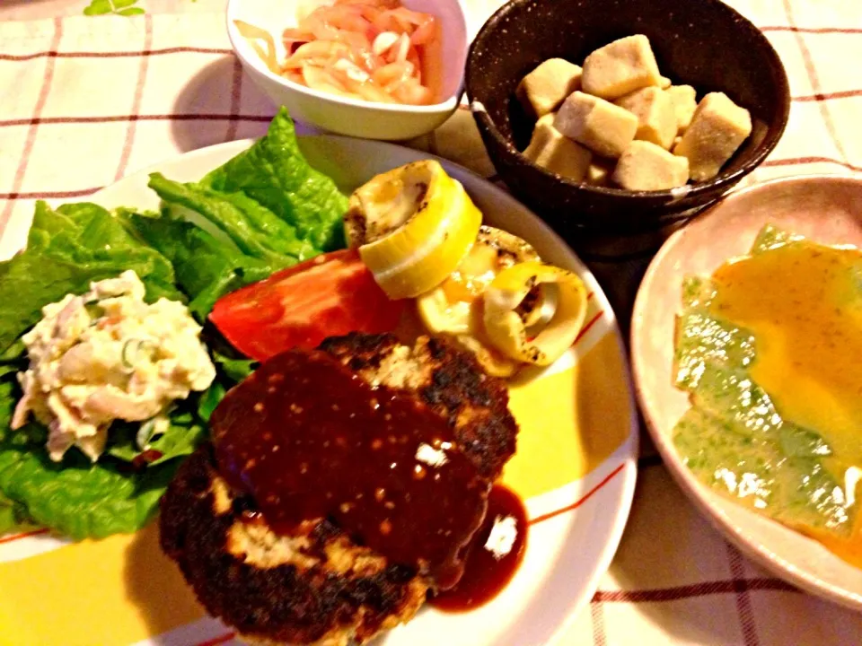 おからバーグ   刺身こんにゃく   高野豆腐の煮物  リンゴ酢玉ねぎ  破竹のバジル焼き|mari miyabeさん