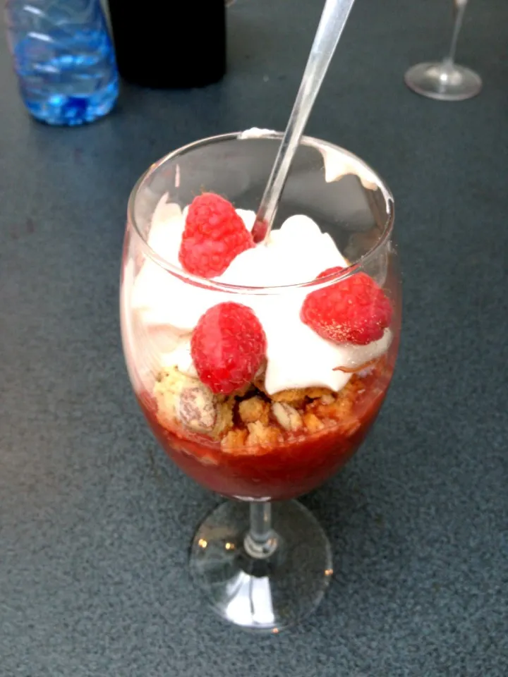 Rubarb compote with honey, sugar, orange juice, crushed cantuccini cookies, whipped cream|Johan van de Beekさん