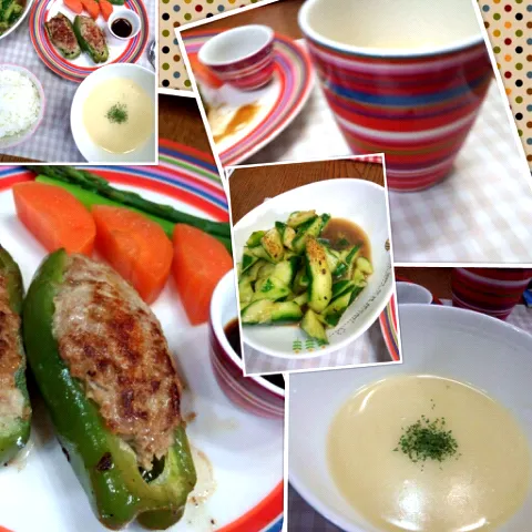 Filling meat of Green pepper, Potato potage, Pickle of the cucumber|Rogerinaさん