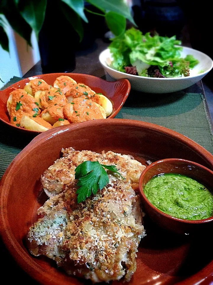 Chicken with herbed crust and green olive purée /potato with romesco sauce|rick chanさん