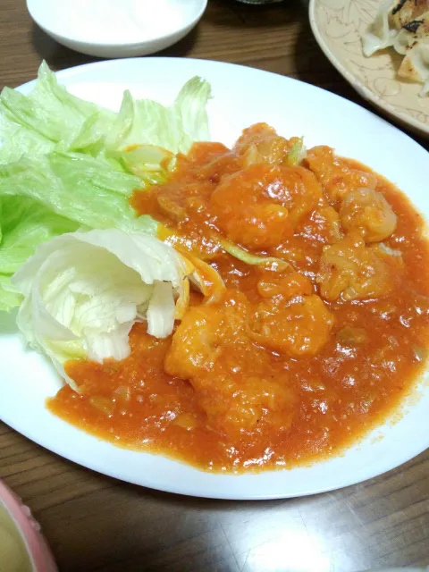 お昼ご飯メインは海老チリ|かんぱぱさん