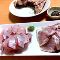 島根産天然ブリのカマ焼き、造り、炙り造り。奈良県吉野産の生ワサビで|Tamaさん