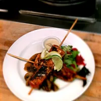 Snapdishの料理写真:Maple BBQ Salmon Skewer with Maple Cream sauce and Bacon Mushroom Ragout|Shaun Hudsonさん