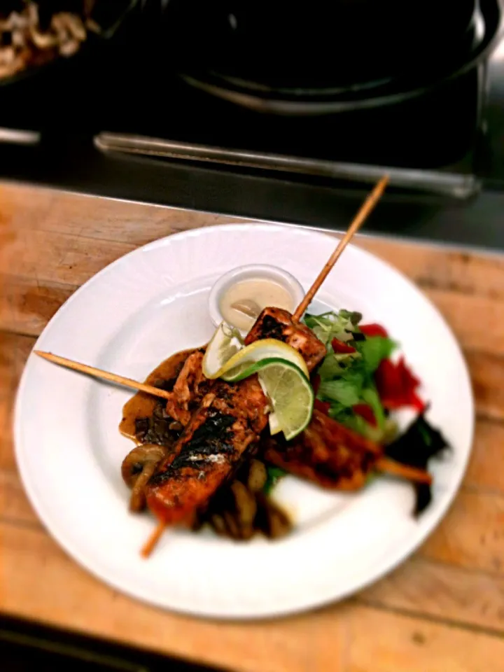 Snapdishの料理写真:Maple BBQ Salmon Skewer with Maple Cream sauce and Bacon Mushroom Ragout|Shaun Hudsonさん