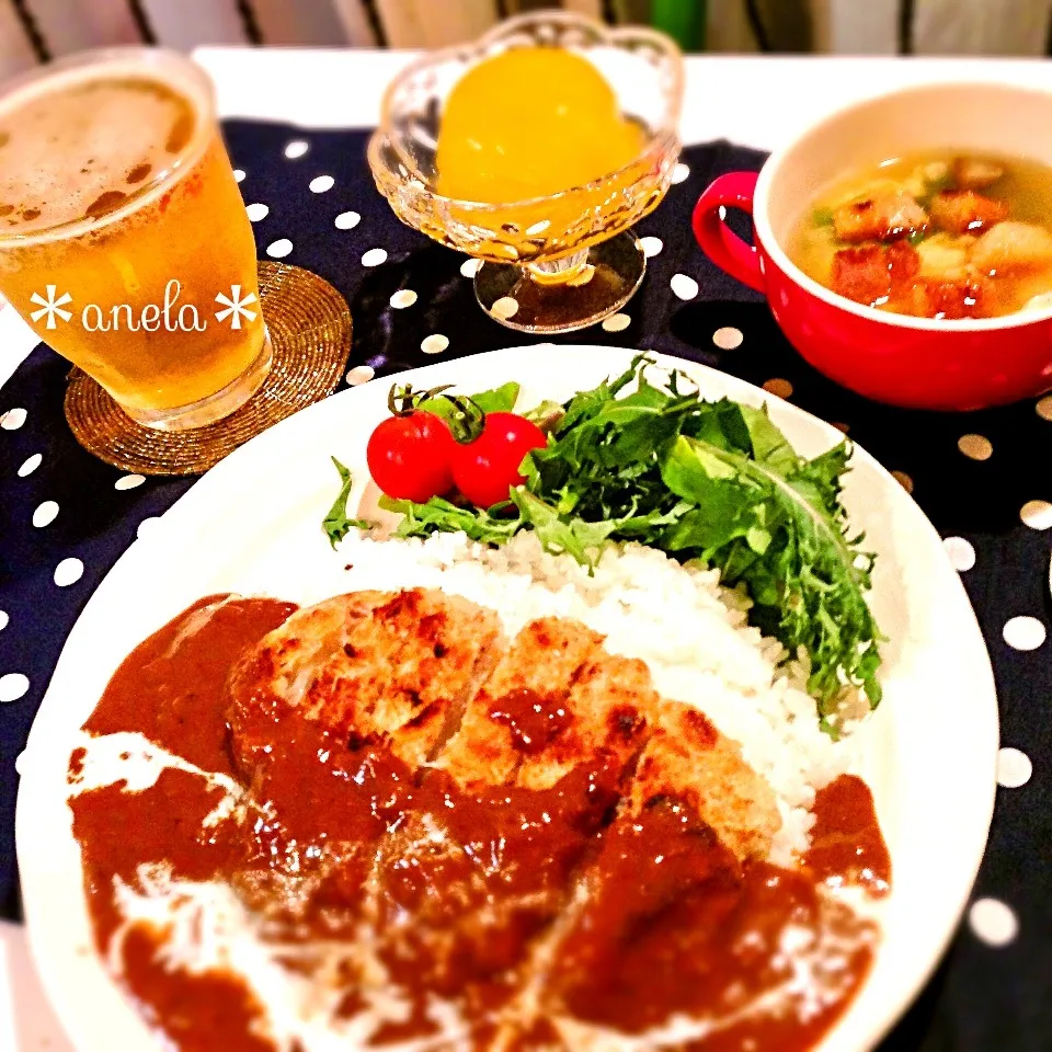 カツカレー♥たまごスープ♥オレンジゼリー♥ビール🍺|あねらさん