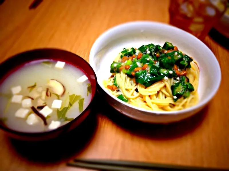 Snapdishの料理写真:冷製オクラ納豆梅パスタ|猪又義雄さん