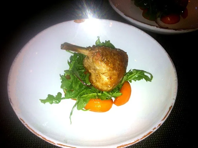 Roasted duck leg over arugula and early apricots.|tyler forveさん