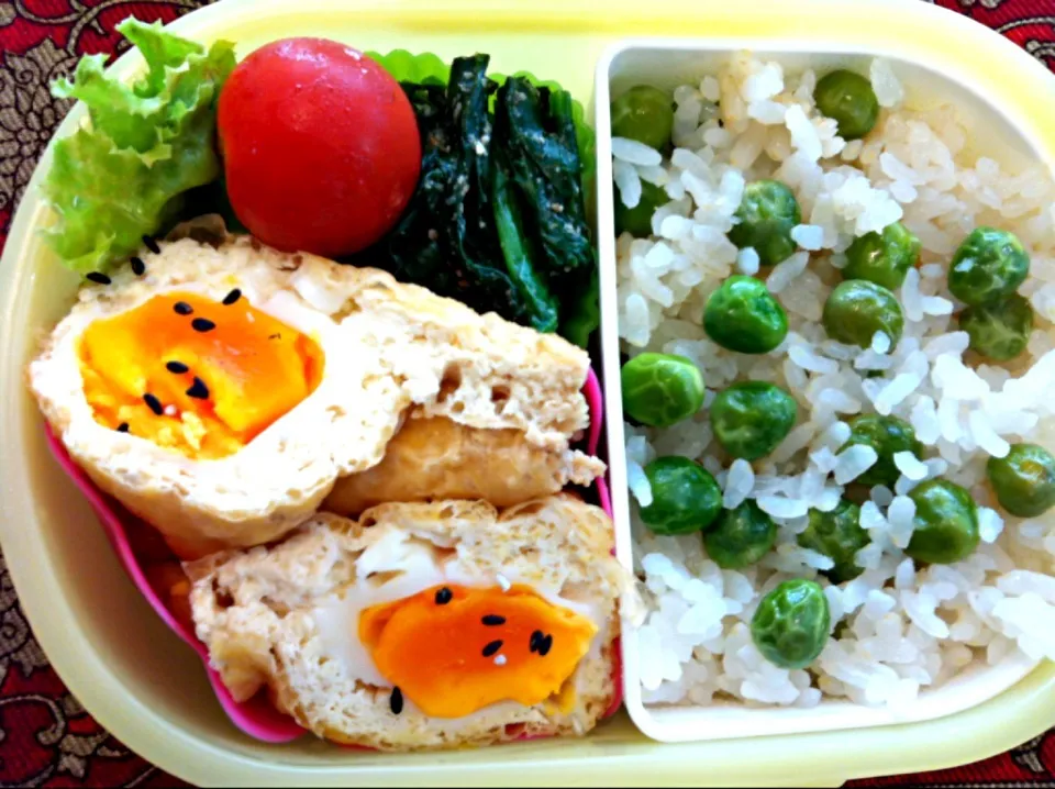 グリンピースご飯（ラスト！）と玉子の袋煮弁当|もえさん