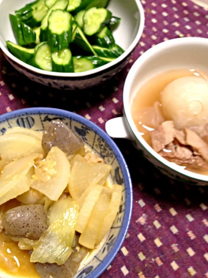 玉葱のスープ(タジン鍋蒸し)  大根と蒟蒻の味噌炒め 糠漬け|掛谷節子さん