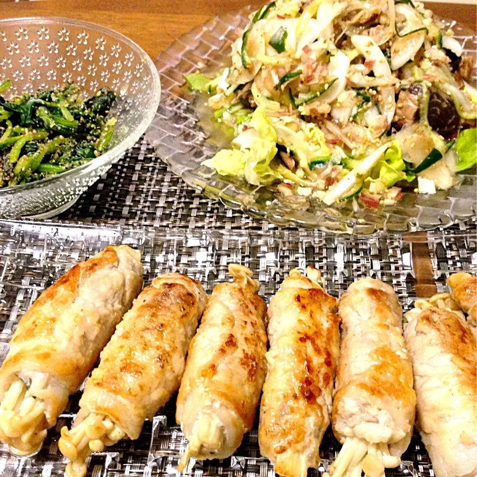 夕飯^_^豚肉のしそ巻き、かつおのたたきコチジャンソース、ほうれん草のごまあえ|kaoさん