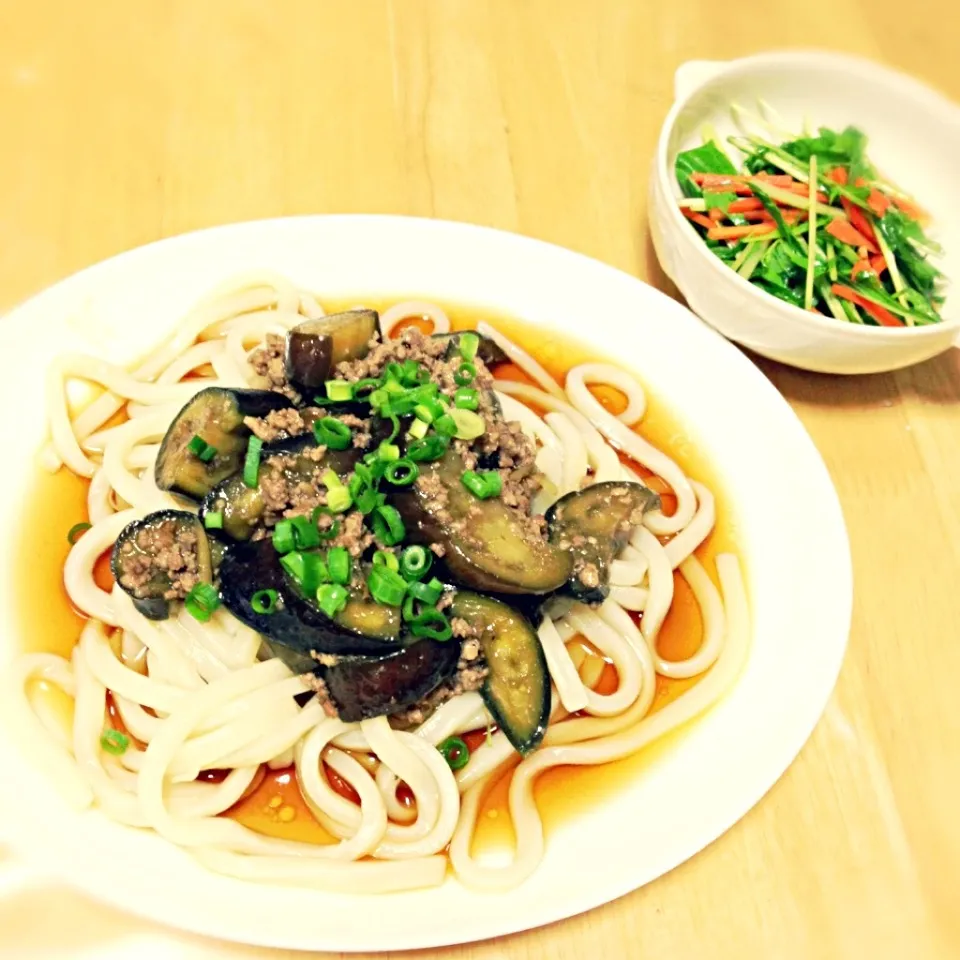 ひき肉となすののっけうどん、水菜のハリハリづけ|せいこさん