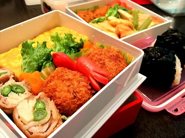 お弁当*ポテトコロッケ,だし巻き卵,たけのこといんげんの豚肉巻き|ひかるんさん