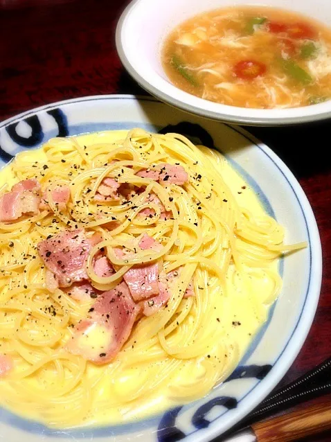 Snapdishの料理写真:豆乳カルボナーラ&トマトとさやえんどうのスープ|ともえさん