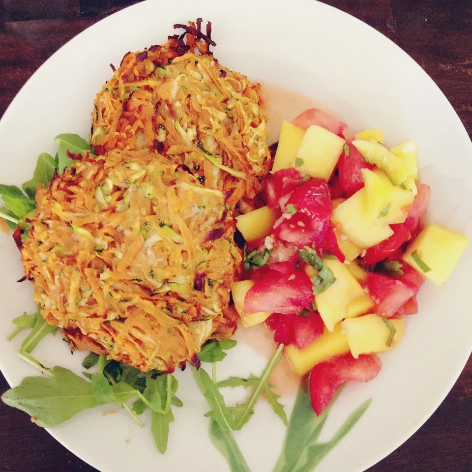 Sweet potato-zucchini fritters with a spicy mango salsa|Rianneさん