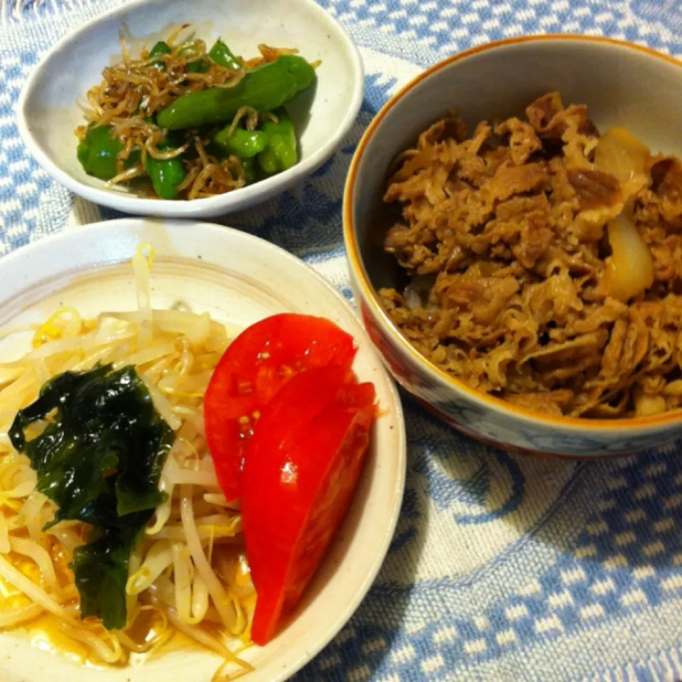 牛丼、もやしサラダ、シシトウとジャコの甘辛炒め|きりママさん