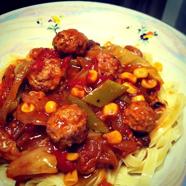 Organic Veggies with Ginger Pork Meat Ball Pasta|tayukoさん