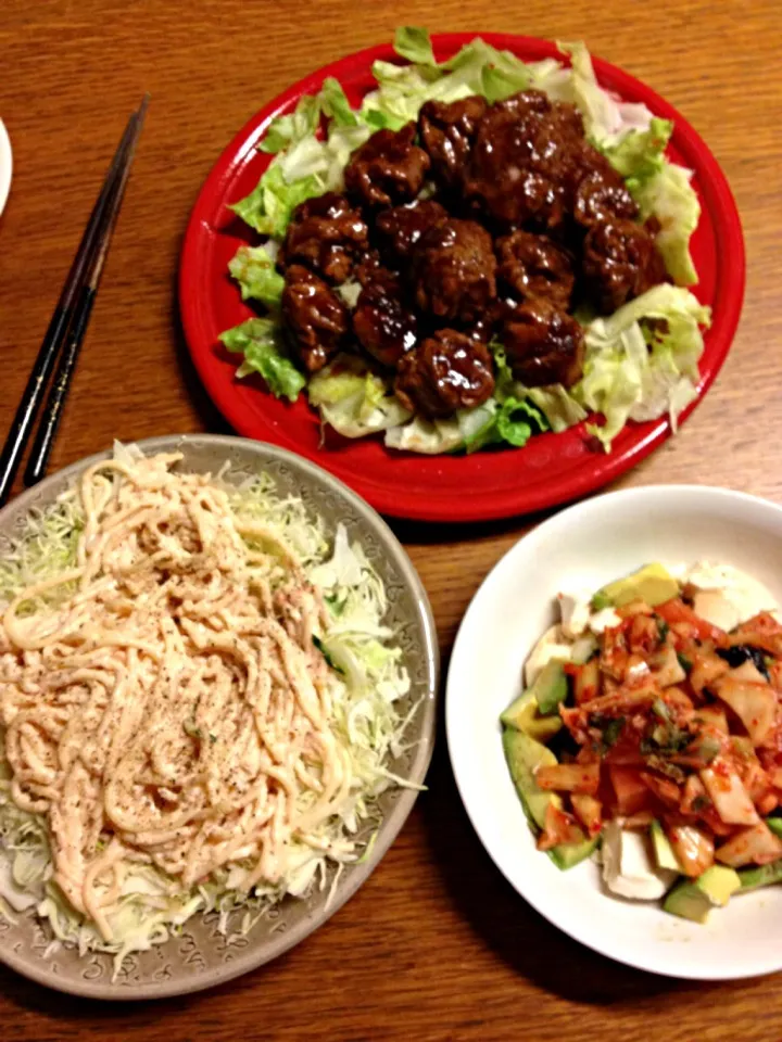 Snapdishの料理写真:★肉巻だんご★スパゲティサラダ★アボカド豆腐キムチ|三宅 里美さん