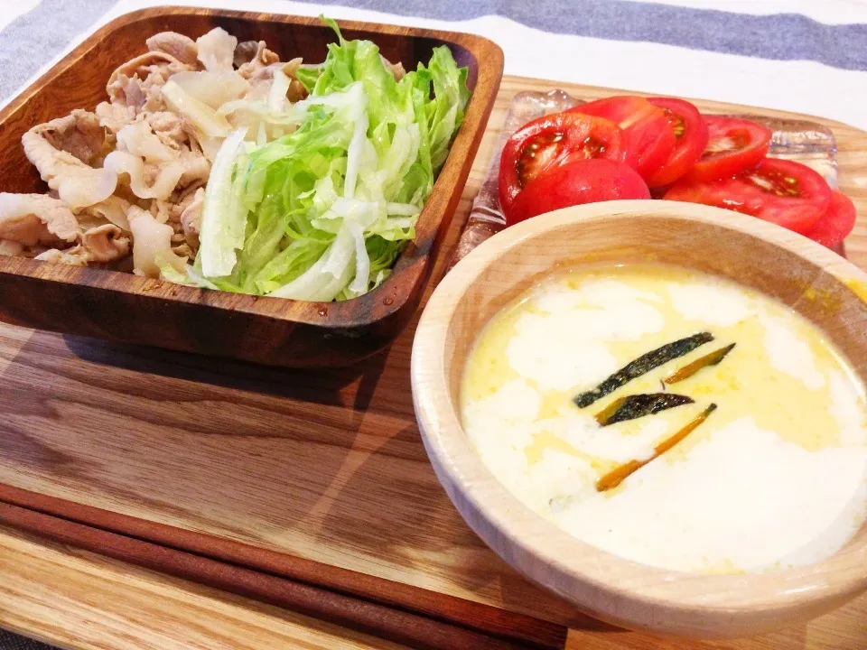 豚にんにくポン酢丼、かぼちゃの冷製スープ|miu-k.さん