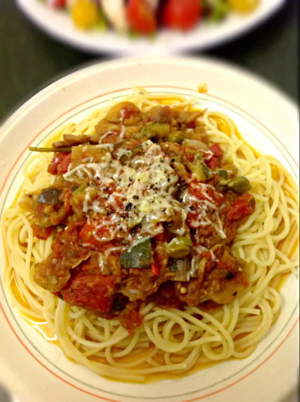 Ratatouille spaghetti with cheese topping  ラタトゥイユのせスパゲティのチーズトッピング|ずきみくさん