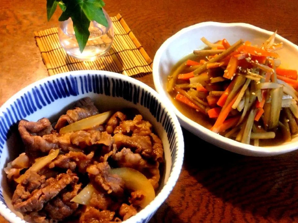 今夜のお家ごはん♡牛丼♡きんぴらゴボウ♡|やすこさん