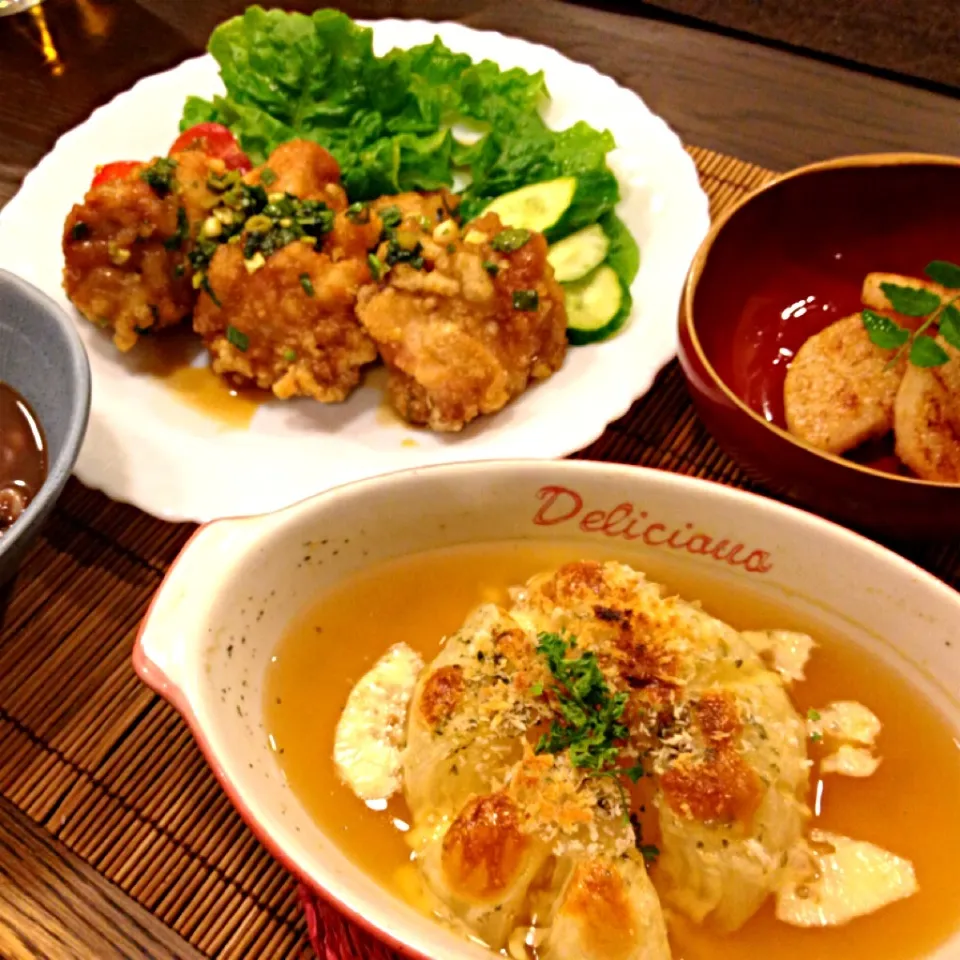 くららさんのレンジでまるごと新玉グラタンスープ⭐、油淋鶏、長芋の麺つゆバター炒め、自家製イカの塩辛|masakoさん